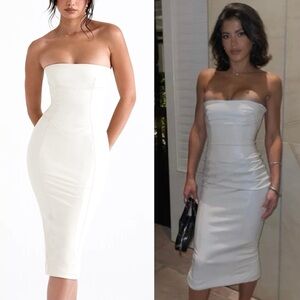 NEW! House of CB- Camilla Ivory Strapless Midi Dress Bodycon Faux Leather XS